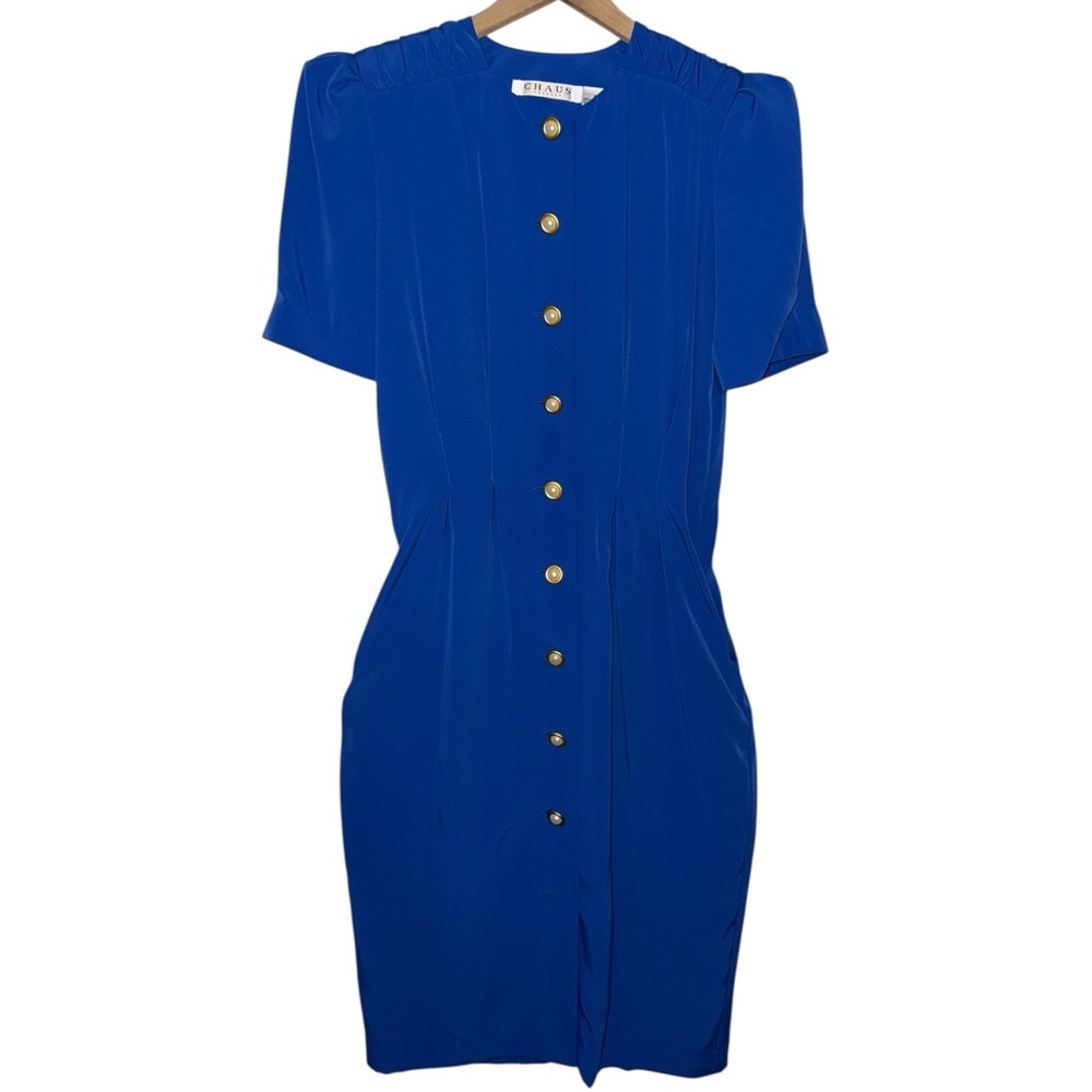 Vintage 80s 90s Pearl Button Up Fitted‎ Sheath Dress Tailored w Pleats n Pockets